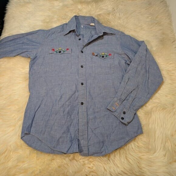 Vtg 70's Levi's Chambray Embroidered Western Button Down Shirt - Picture 1 of 12